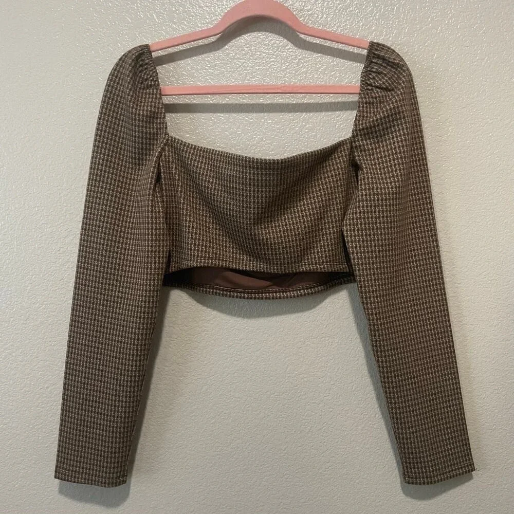 Reformation Top Womens‎ XL Brown Ladue Knit Check Cropped Preppy Quiet Luxury